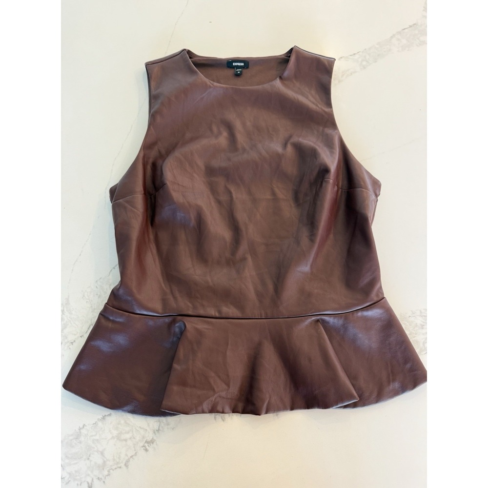 Express Faux Leather Peplum Blouse Top Brown Women's Size Medium